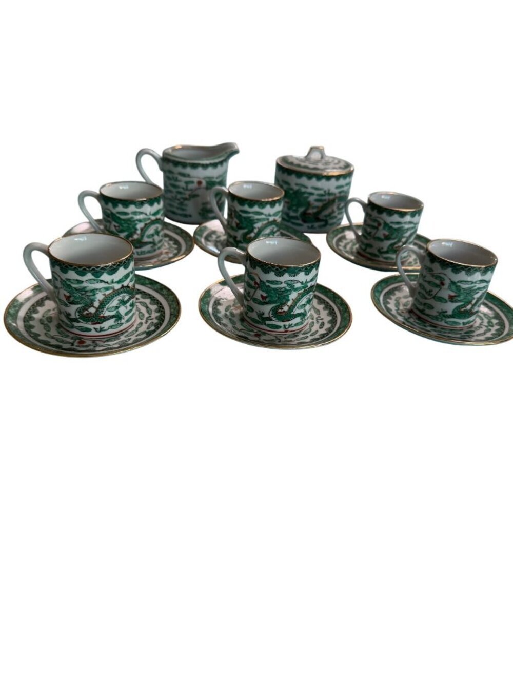 Vintage Chinese Porcelain Set of 6 Demitasse Cup, Saucer Set Sugar And Creamer